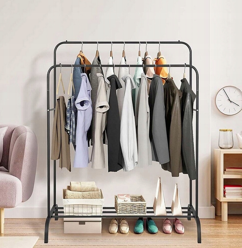 Suport metalic pentru haine 110x55x145 cm, cu bara dubla si raft pentru incaltaminte, negru Household NewTrend