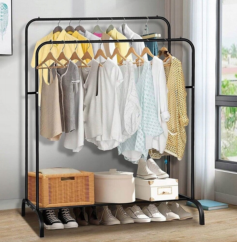 Suport metalic pentru haine 110x55x145 cm, cu bara dubla si raft pentru incaltaminte, negru Household NewTrend