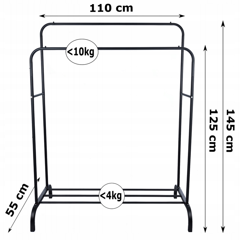 Suport metalic pentru haine 110x55x145 cm, cu bara dubla si raft pentru incaltaminte, negru Household NewTrend