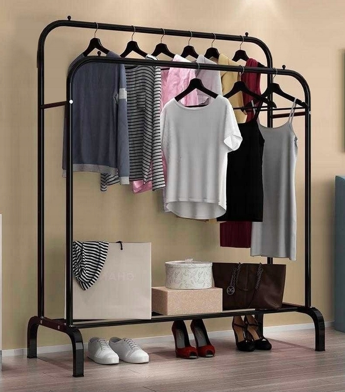 Suport metalic pentru haine 110x55x145 cm, cu bara dubla si raft pentru incaltaminte, negru Household NewTrend