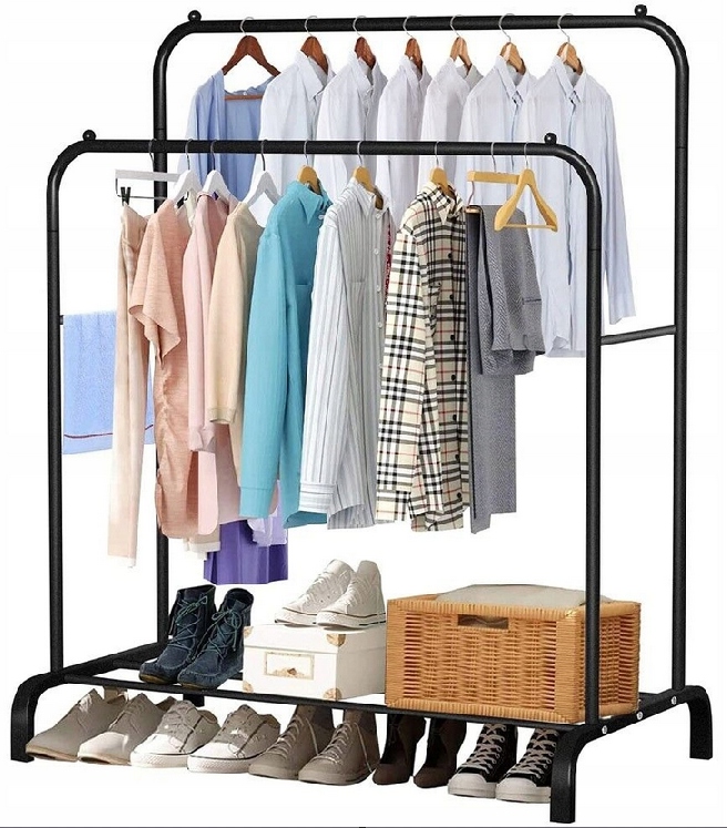 Suport metalic pentru haine 110x55x145 cm, cu bara dubla si raft pentru incaltaminte, negru Household NewTrend