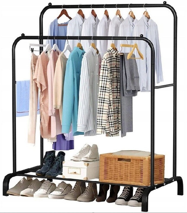 Suport metalic pentru haine 110x55x145 cm, cu bara dubla si raft pentru incaltaminte, negru Household NewTrend