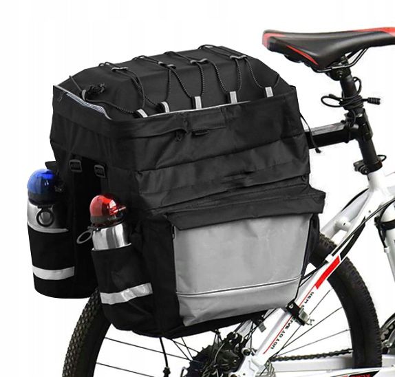 Geanta portbagaj bicicleta dubla, 8 buzunare laterale, 39x34x43cm, negru cu elemente reflectorizante gri, protectie impermeabila Household NewTrend