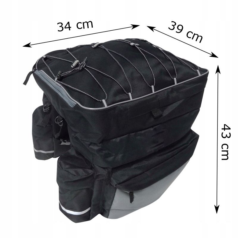 Geanta portbagaj bicicleta dubla, 8 buzunare laterale, 39x34x43cm, negru cu elemente reflectorizante gri, protectie impermeabila Household NewTrend