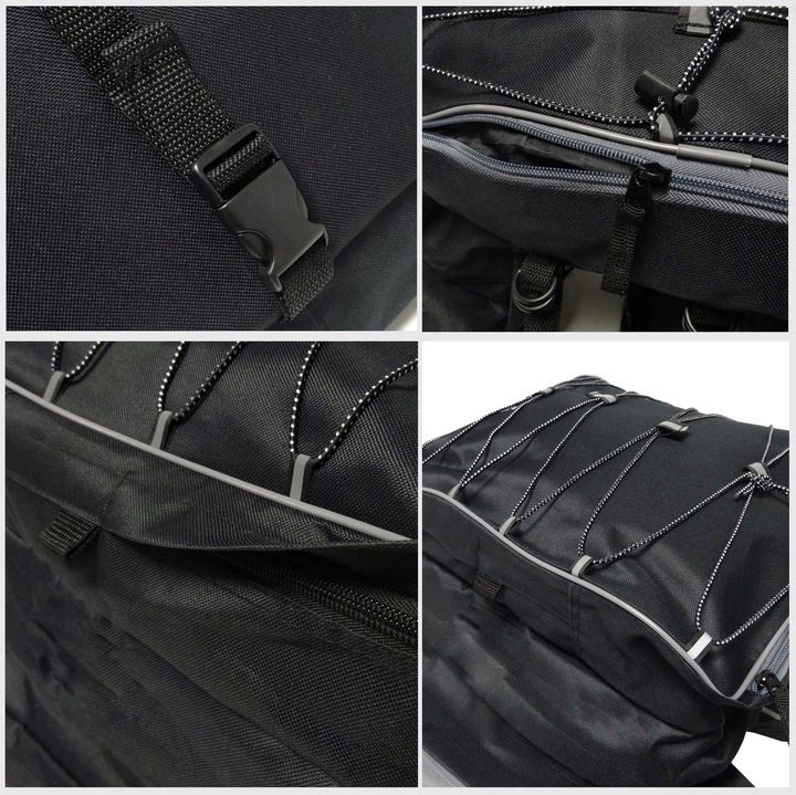 Geanta portbagaj bicicleta dubla, 8 buzunare laterale, 39x34x43cm, negru cu elemente reflectorizante gri, protectie impermeabila Household NewTrend