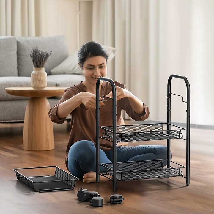 Raft metalic mobil tip carucior pentru bucatarie, 3 polite si 4 agatatori, negru, 44x26x64cm Household NewTrend