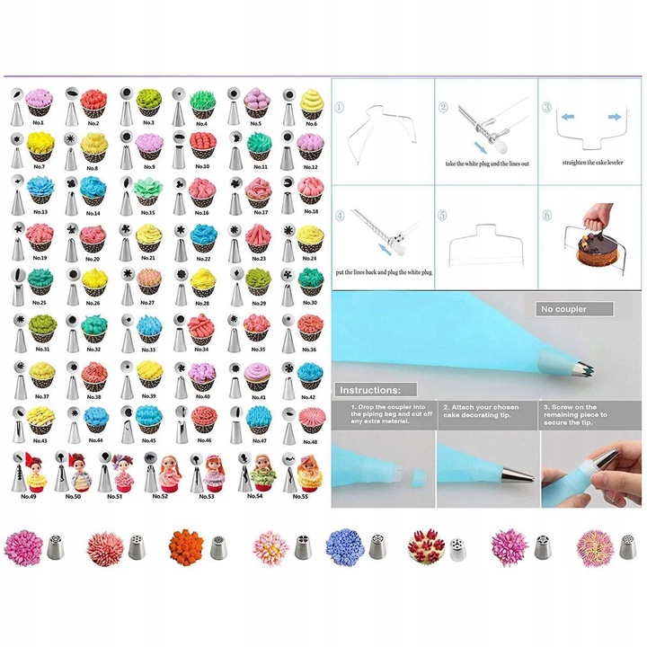 Set patiserie cu platou rotativ, 137 piese cu sabloane pentru ornarea prajiturilor Household NewTrend