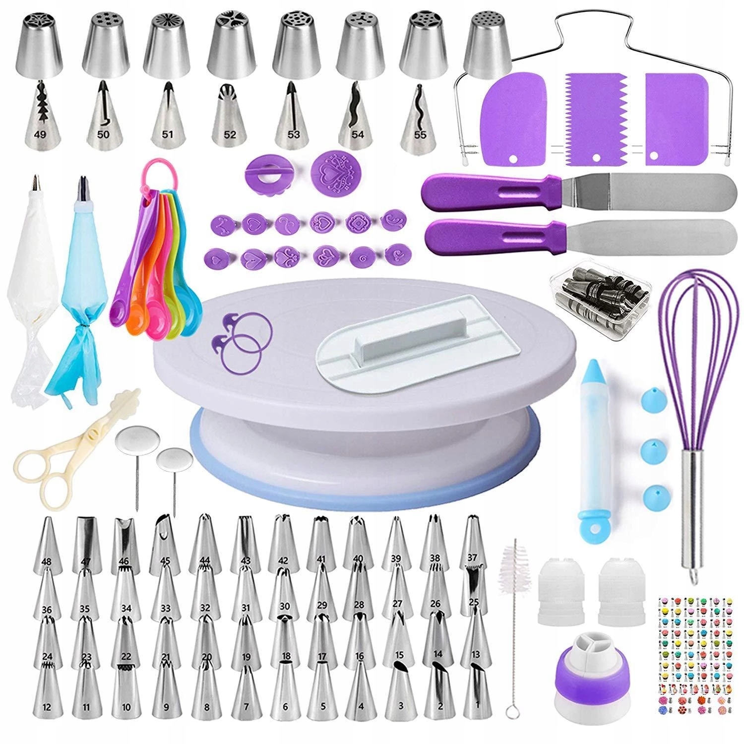 Set patiserie cu platou rotativ, 137 piese cu sabloane pentru ornarea prajiturilor Household NewTrend