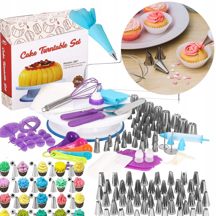 Set patiserie cu platou rotativ, 137 piese cu sabloane pentru ornarea prajiturilor Household NewTrend