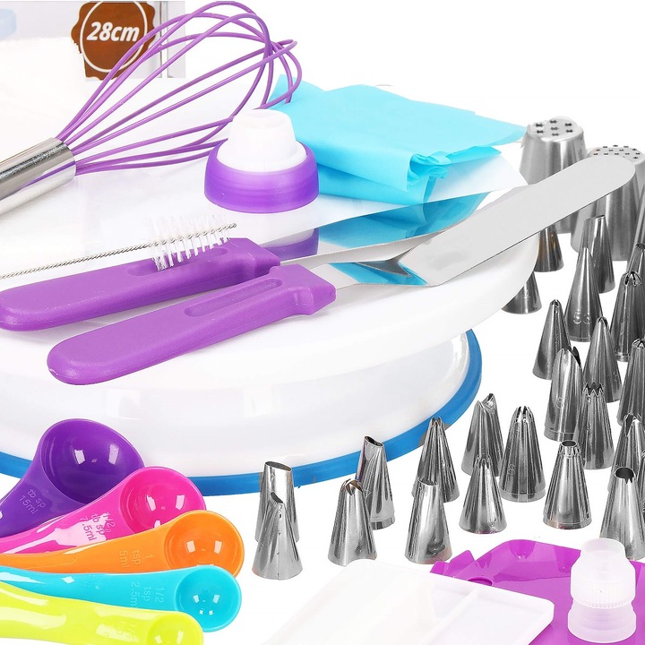 Set patiserie cu platou rotativ, 137 piese cu sabloane pentru ornarea prajiturilor Household NewTrend