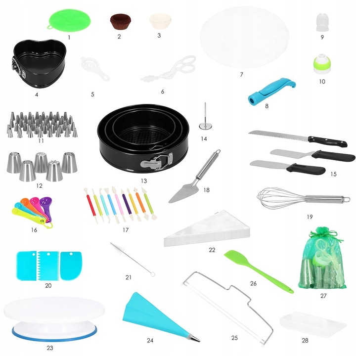 Set patiserie cu platou rotativ si 4 tavi de copt, 345 piese cu sabloane pentru ornarea prajiturilor Household NewTrend