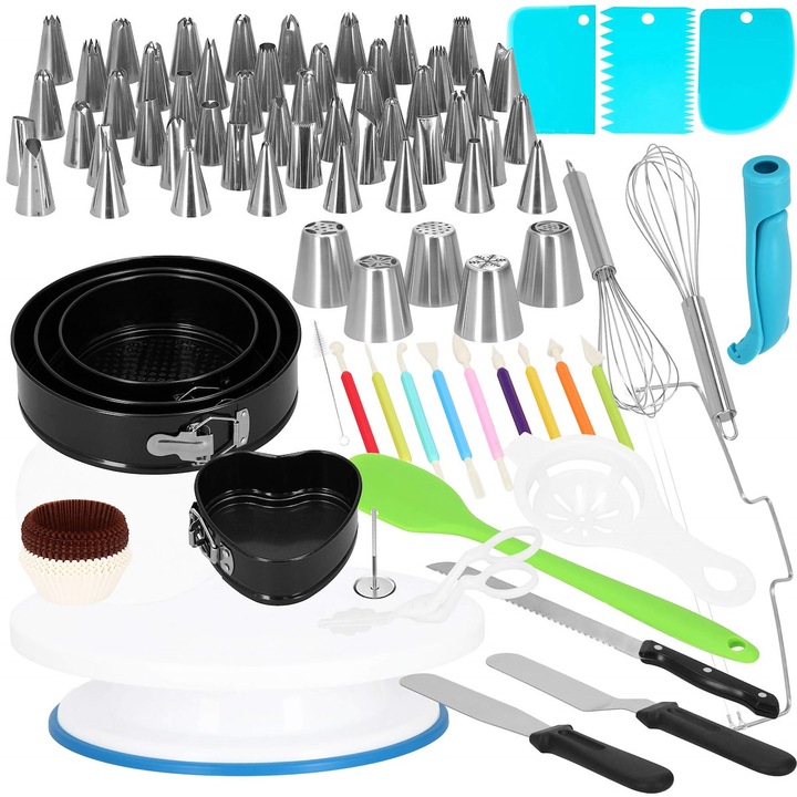Set patiserie cu platou rotativ si 4 tavi de copt, 345 piese cu sabloane pentru ornarea prajiturilor Household NewTrend