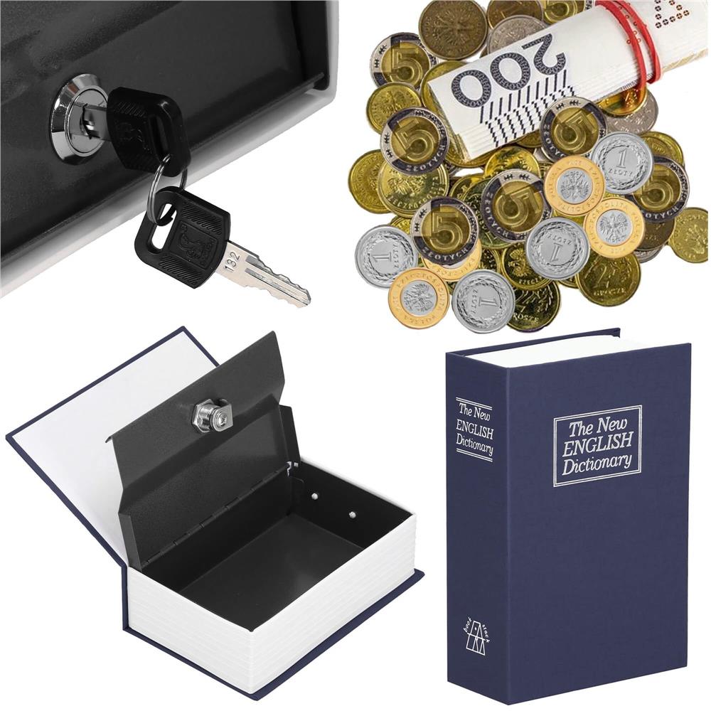 Caseta de valori, cutie metalica cu cheie, portabila, tip carte, Dictionar, albastru, 26x20.5x6.5 cm Household NewTrend