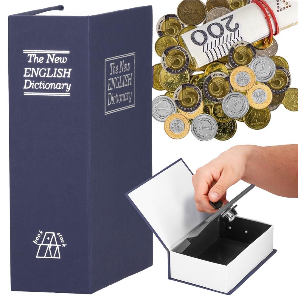 Caseta de valori, cutie metalica cu cheie, portabila, tip carte, Dictionar, albastru, 26x20.5x6.5 cm Household NewTrend