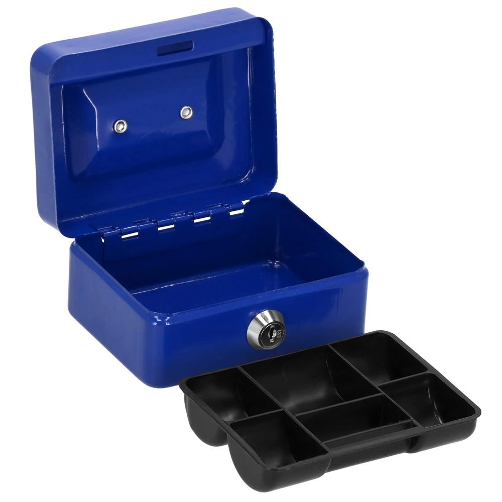 Caseta pentru bani tip cutie de valori, compartimentanta, cu cheie, metal, 12.5x9.5x6.5cm, albastru Household NewTrend