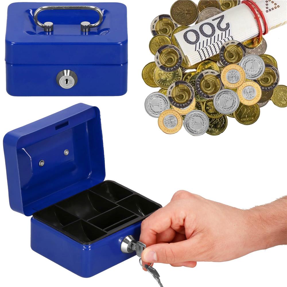 Caseta pentru bani tip cutie de valori, compartimentanta, cu cheie, metal, 12.5x9.5x6.5cm, albastru Household NewTrend