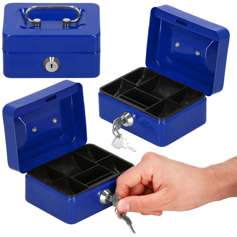 Caseta pentru bani tip cutie de valori, compartimentanta, cu cheie, metal, 12.5x9.5x6.5cm, albastru Household NewTrend