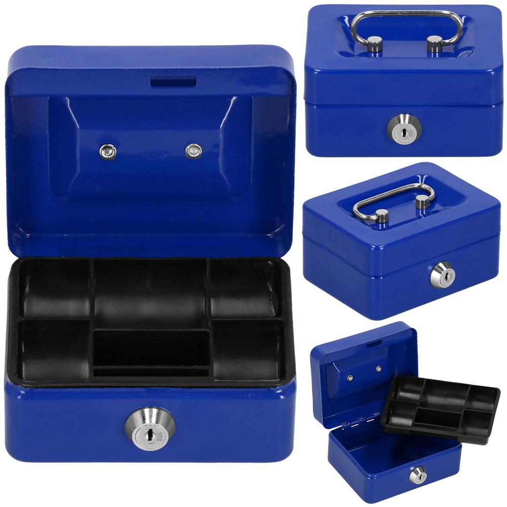 Caseta pentru bani tip cutie de valori, compartimentanta, cu cheie, metal, 12.5x9.5x6.5cm, albastru Household NewTrend