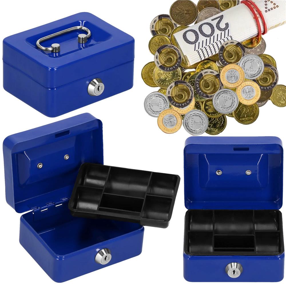 Caseta pentru bani tip cutie de valori, compartimentanta, cu cheie, metal, 12.5x9.5x6.5cm, albastru Household NewTrend