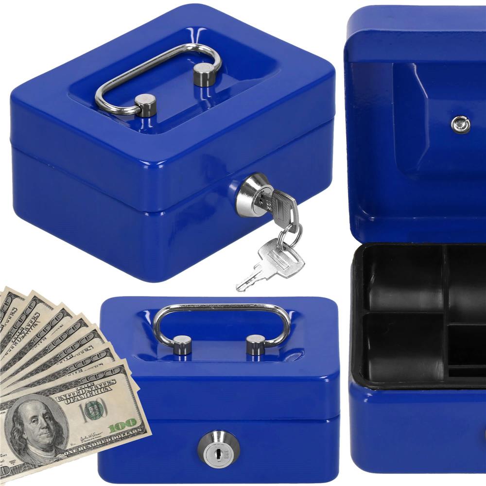 Caseta pentru bani tip cutie de valori, compartimentanta, cu cheie, metal, 12.5x9.5x6.5cm, albastru Household NewTrend