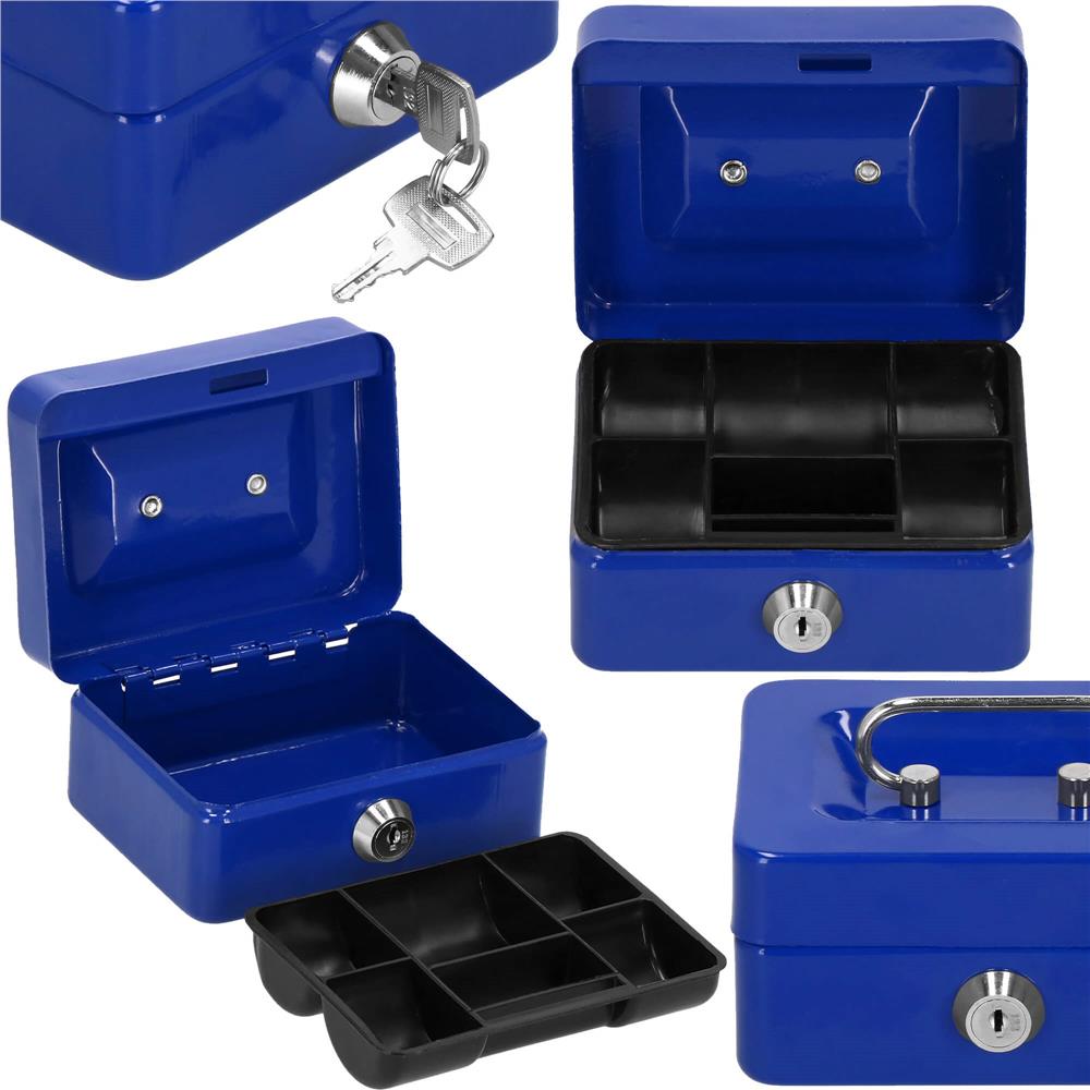 Caseta pentru bani tip cutie de valori, compartimentanta, cu cheie, metal, 12.5x9.5x6.5cm, albastru Household NewTrend