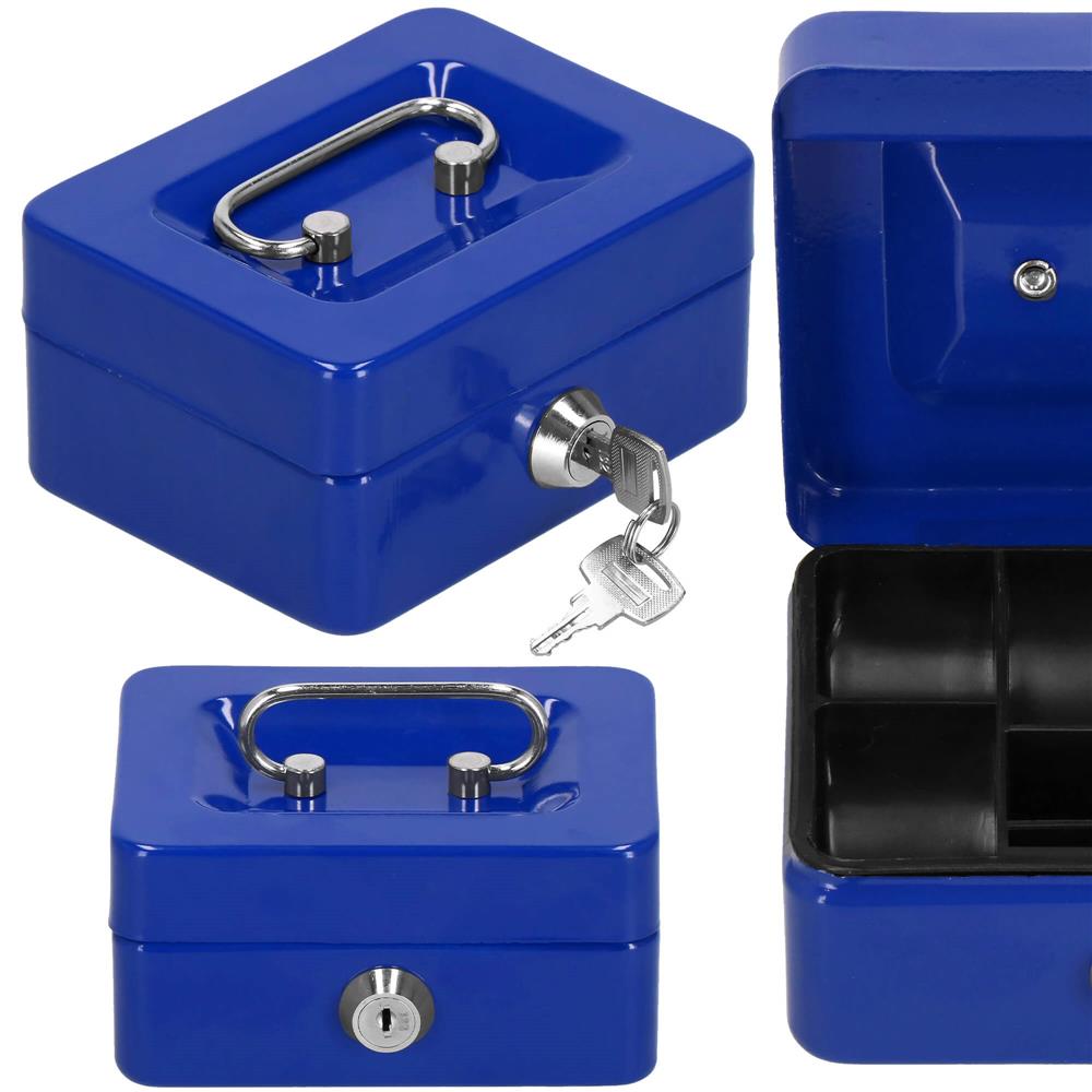 Caseta pentru bani tip cutie de valori, compartimentanta, cu cheie, metal, 12.5x9.5x6.5cm, albastru Household NewTrend