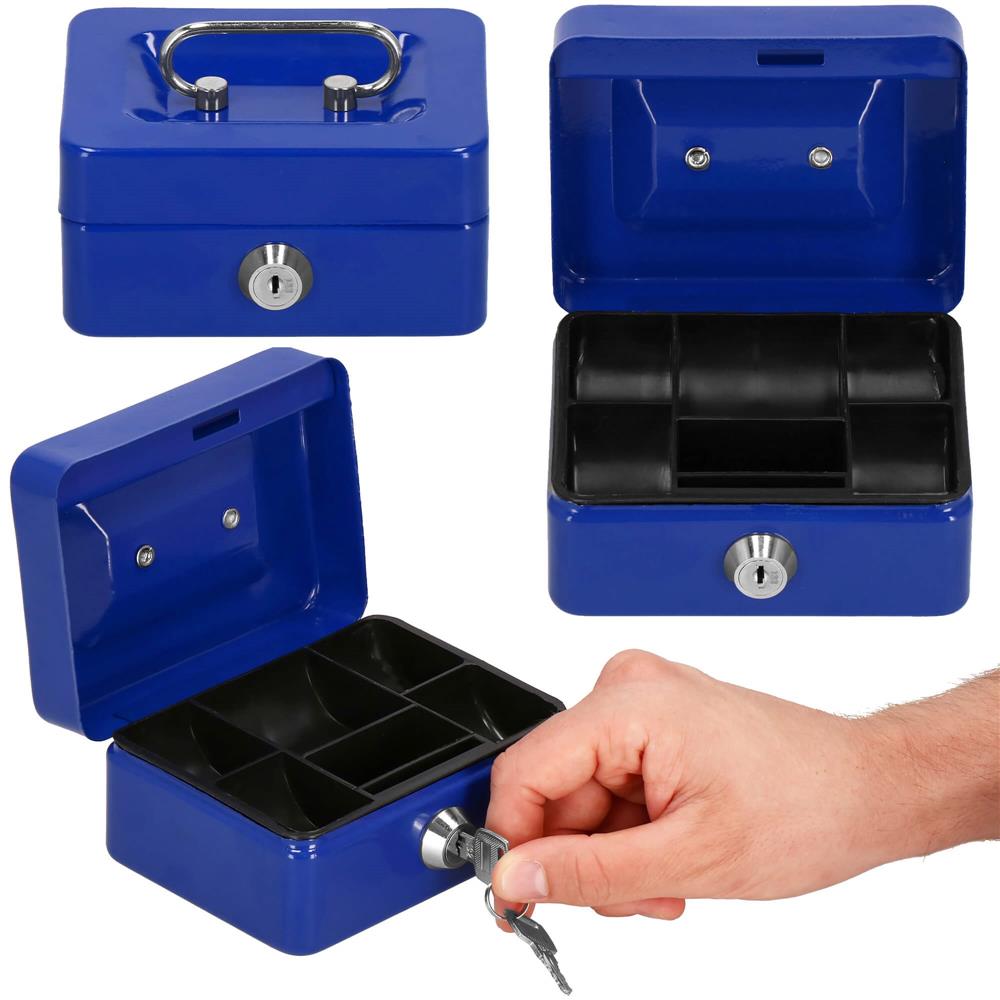 Caseta pentru bani tip cutie de valori, compartimentanta, cu cheie, metal, 12.5x9.5x6.5cm, albastru Household NewTrend