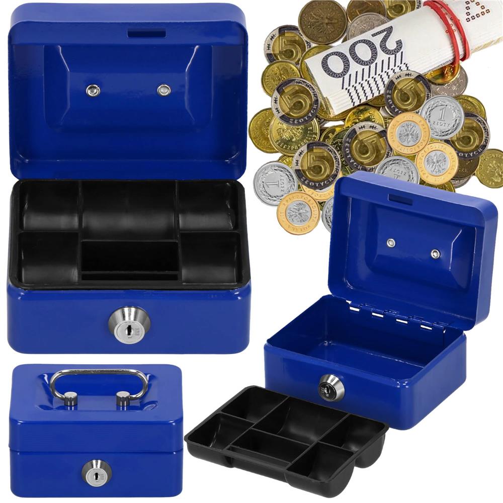 Caseta pentru bani tip cutie de valori, compartimentanta, cu cheie, metal, 12.5x9.5x6.5cm, albastru Household NewTrend