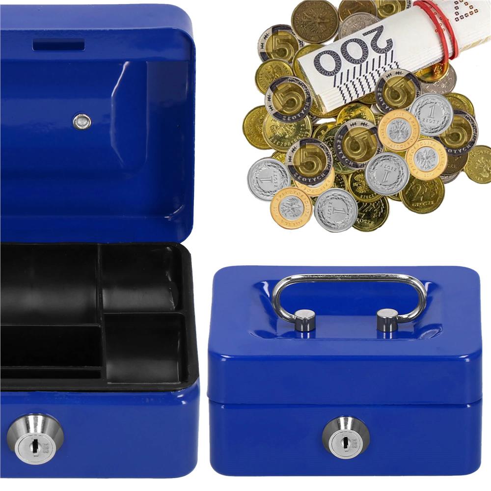 Caseta pentru bani tip cutie de valori, compartimentanta, cu cheie, metal, 12.5x9.5x6.5cm, albastru Household NewTrend