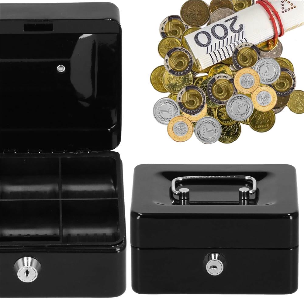 Caseta pentru bani tip cutie de valori, compartimentanta, cu cheie, metal, 15x12x8cm, negru Household NewTrend