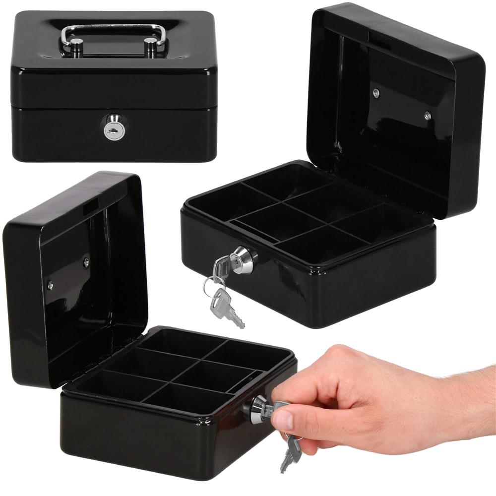 Caseta pentru bani tip cutie de valori, compartimentanta, cu cheie, metal, 15x12x8cm, negru Household NewTrend