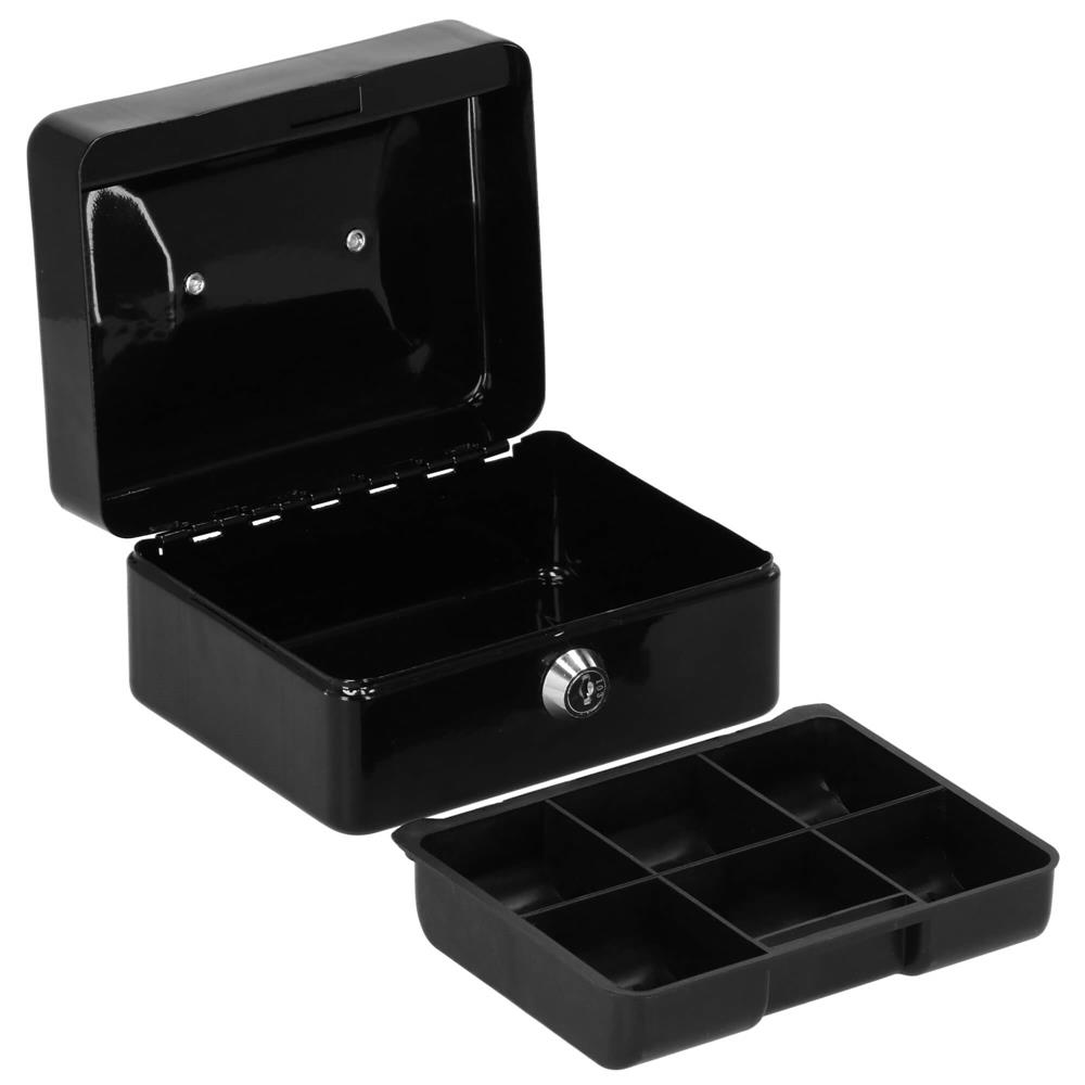 Caseta pentru bani tip cutie de valori, compartimentanta, cu cheie, metal, 15x12x8cm, negru Household NewTrend
