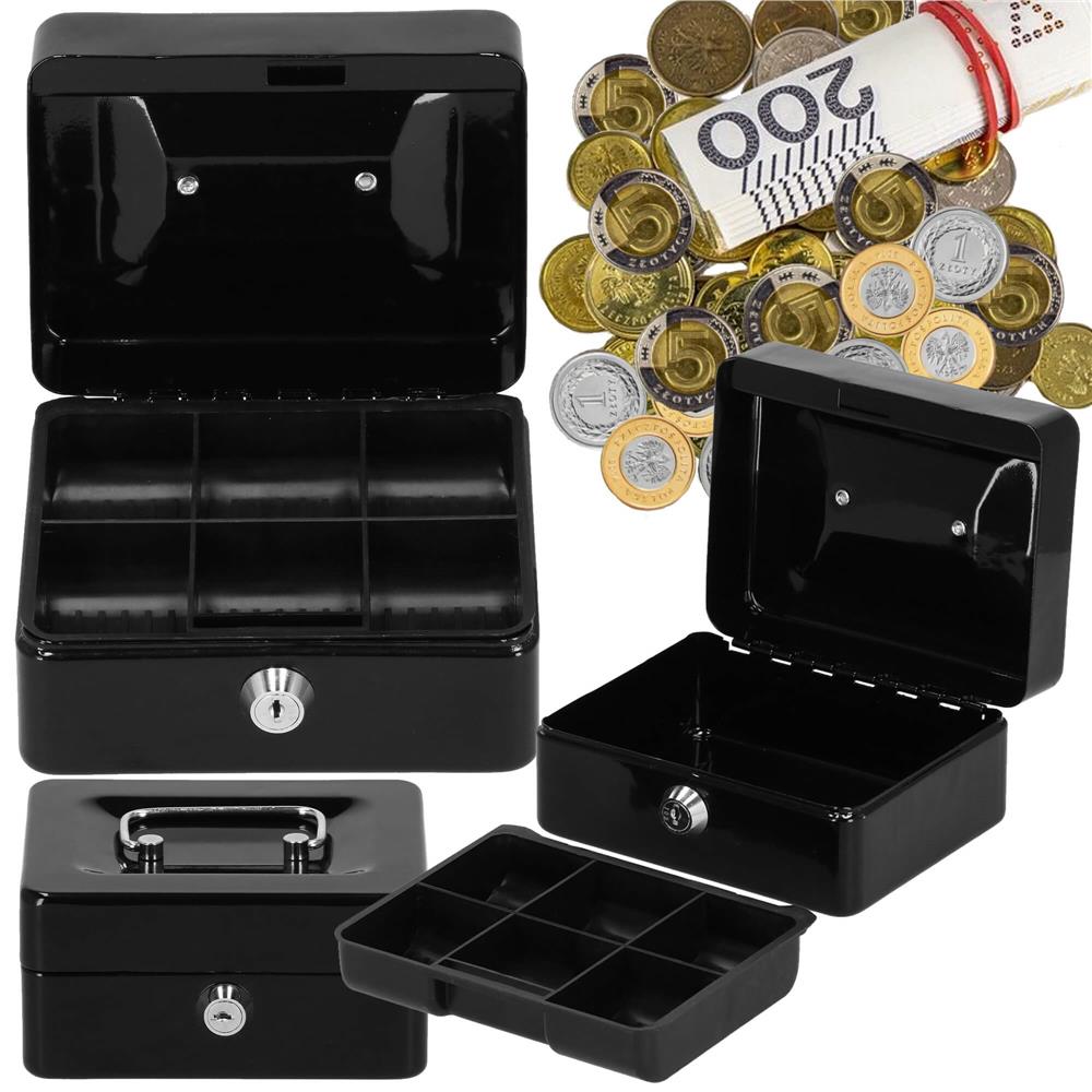Caseta pentru bani tip cutie de valori, compartimentanta, cu cheie, metal, 15x12x8cm, negru Household NewTrend