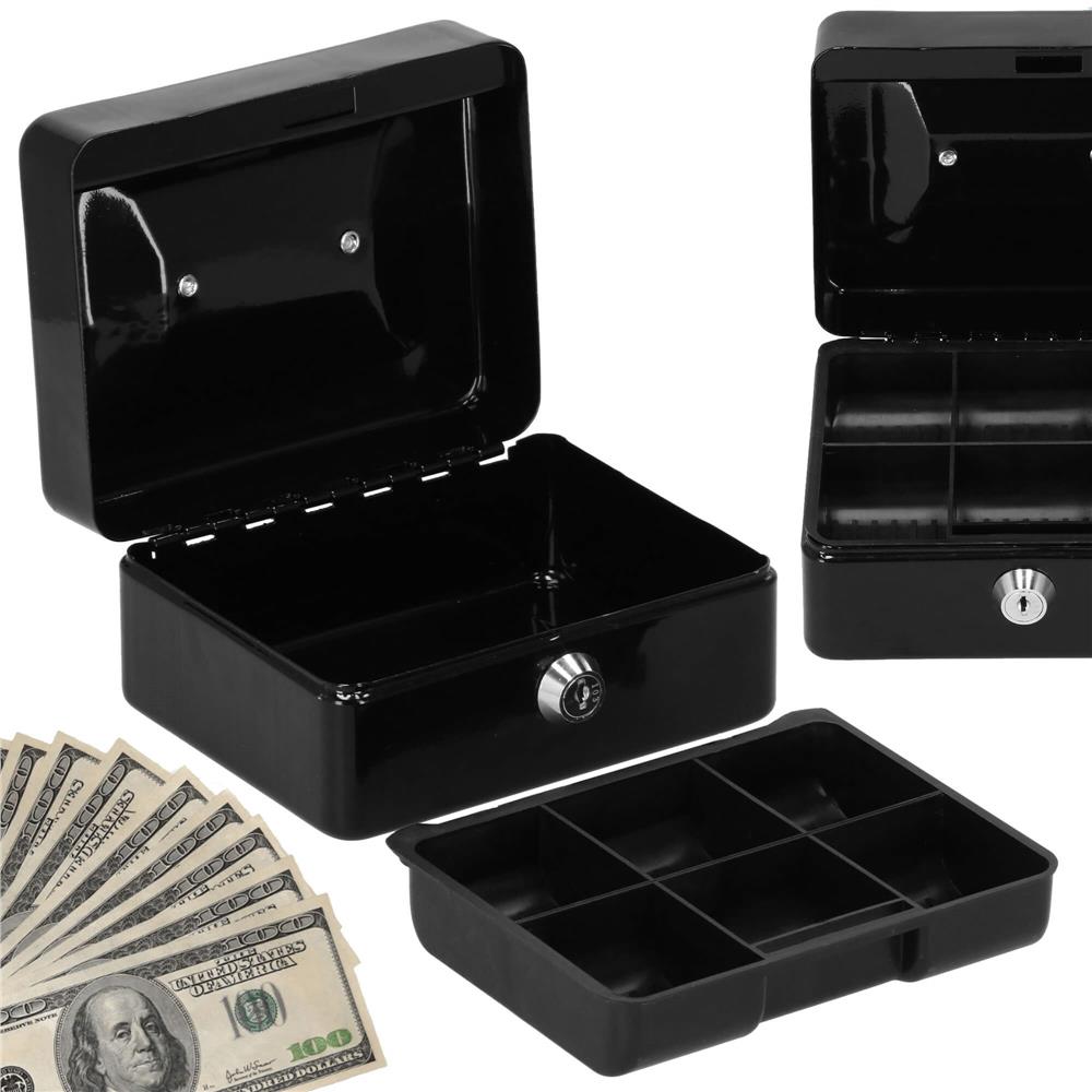Caseta pentru bani tip cutie de valori, compartimentanta, cu cheie, metal, 15x12x8cm, negru Household NewTrend