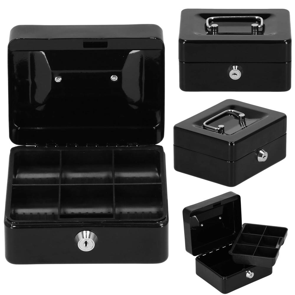 Caseta pentru bani tip cutie de valori, compartimentanta, cu cheie, metal, 15x12x8cm, negru Household NewTrend
