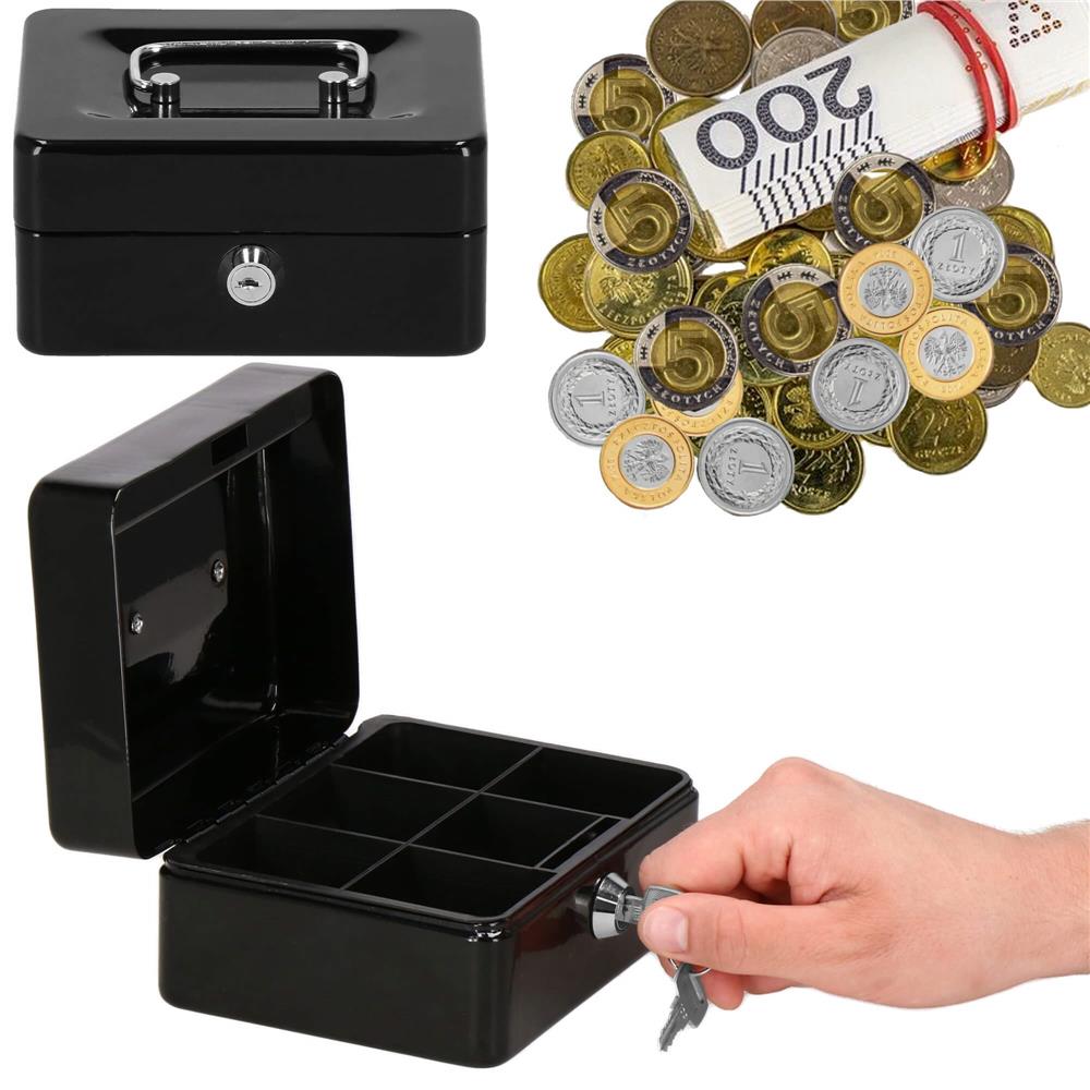 Caseta pentru bani tip cutie de valori, compartimentanta, cu cheie, metal, 15x12x8cm, negru Household NewTrend