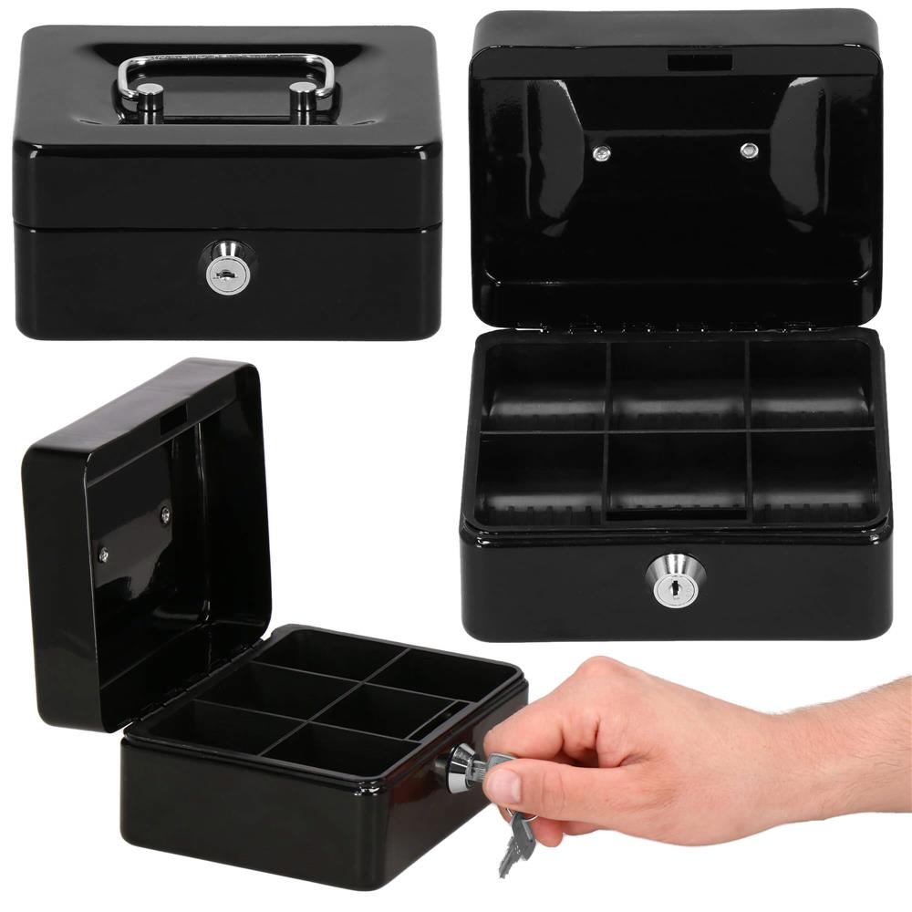 Caseta pentru bani tip cutie de valori, compartimentanta, cu cheie, metal, 15x12x8cm, negru Household NewTrend