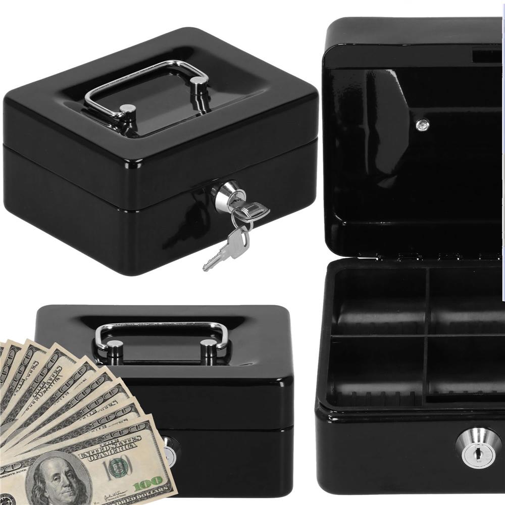 Caseta pentru bani tip cutie de valori, compartimentanta, cu cheie, metal, 15x12x8cm, negru Household NewTrend