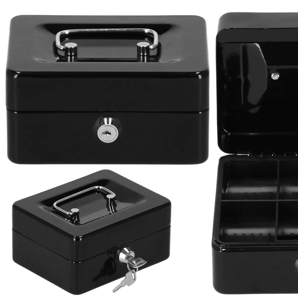 Caseta pentru bani tip cutie de valori, compartimentanta, cu cheie, metal, 15x12x8cm, negru Household NewTrend