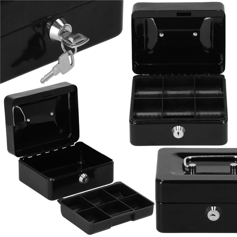 Caseta pentru bani tip cutie de valori, compartimentanta, cu cheie, metal, 15x12x8cm, negru Household NewTrend