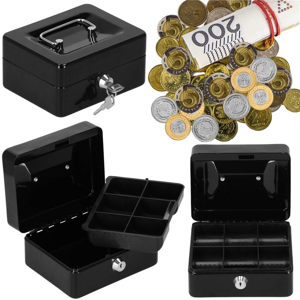 Caseta pentru bani tip cutie de valori, compartimentanta, cu cheie, metal, 15x12x8cm, negru Household NewTrend