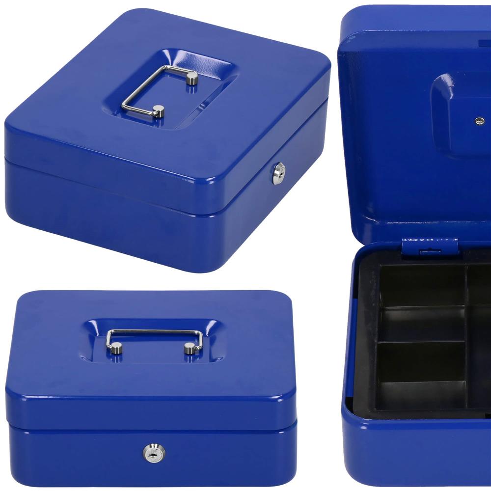 Caseta pentru bani tip cutie de valori, compartimentanta, cu cheie, metal, 25x20x9cm, albastru Household NewTrend