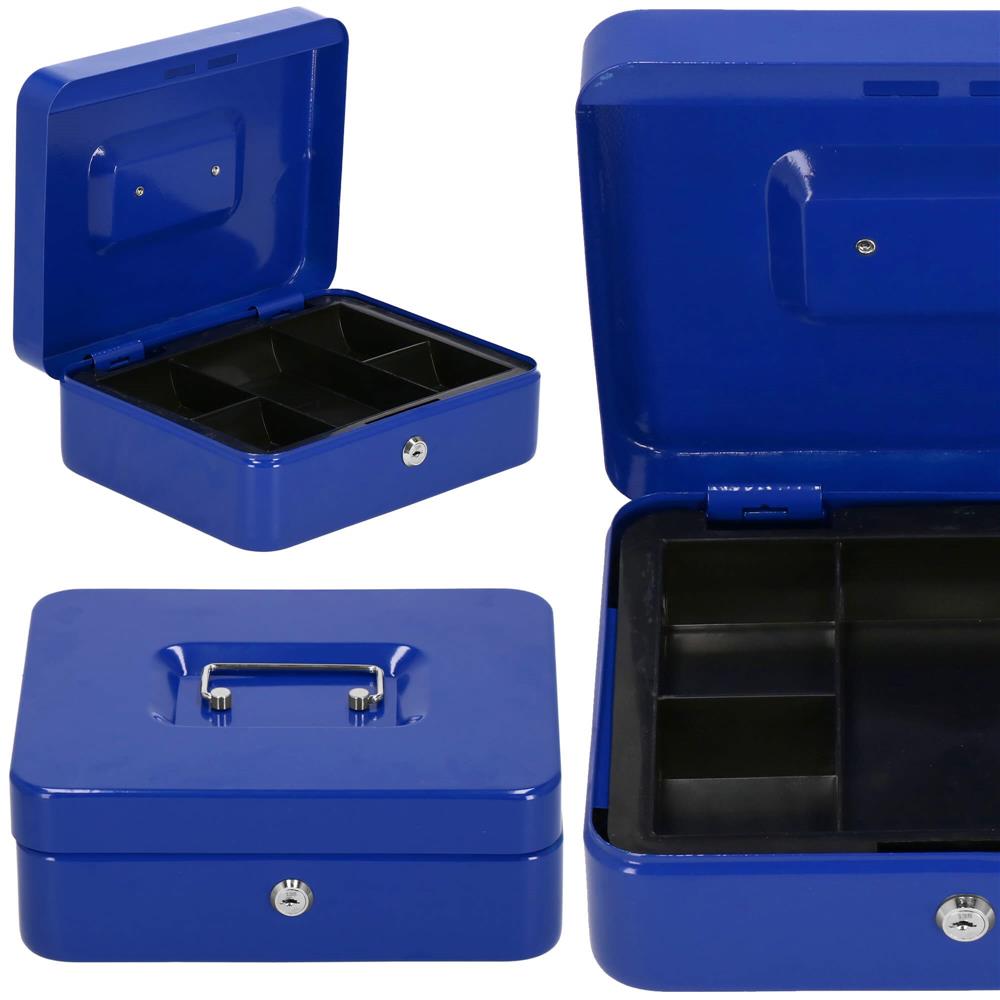 Caseta pentru bani tip cutie de valori, compartimentanta, cu cheie, metal, 25x20x9cm, albastru Household NewTrend
