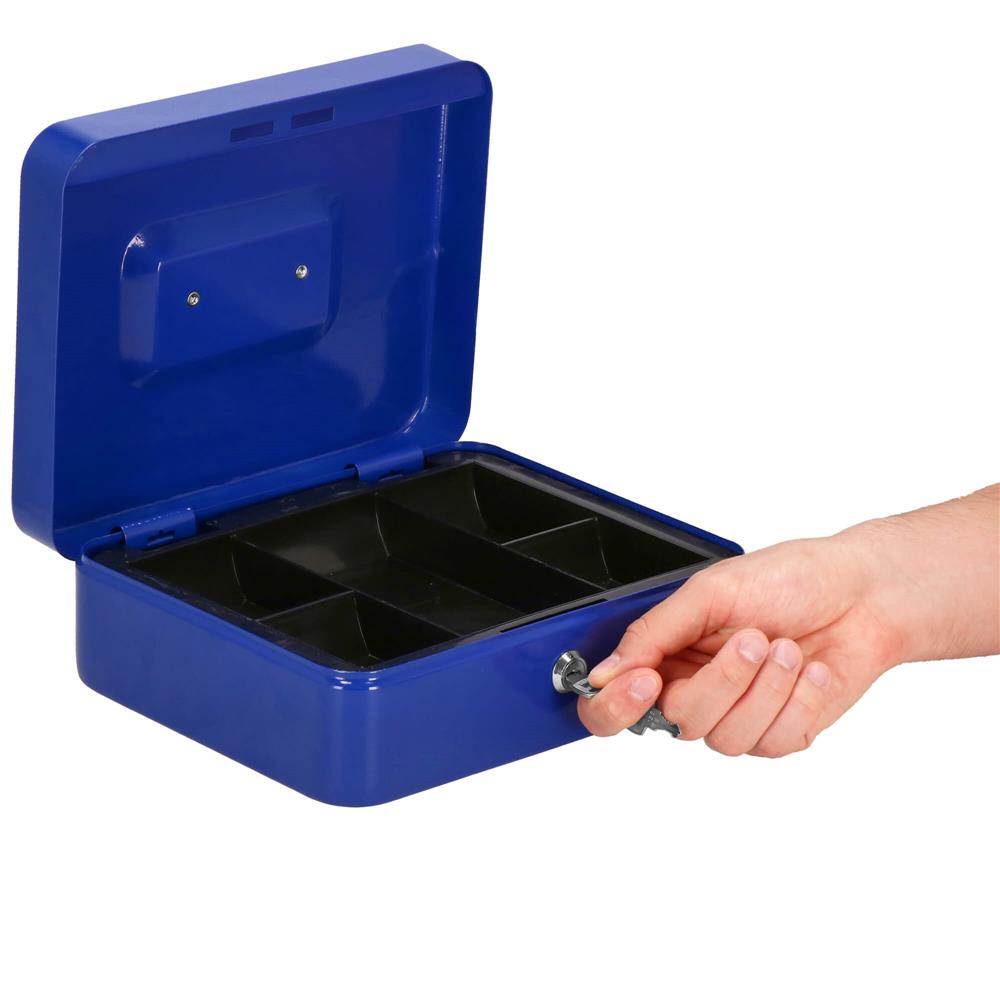 Caseta pentru bani tip cutie de valori, compartimentanta, cu cheie, metal, 25x20x9cm, albastru Household NewTrend
