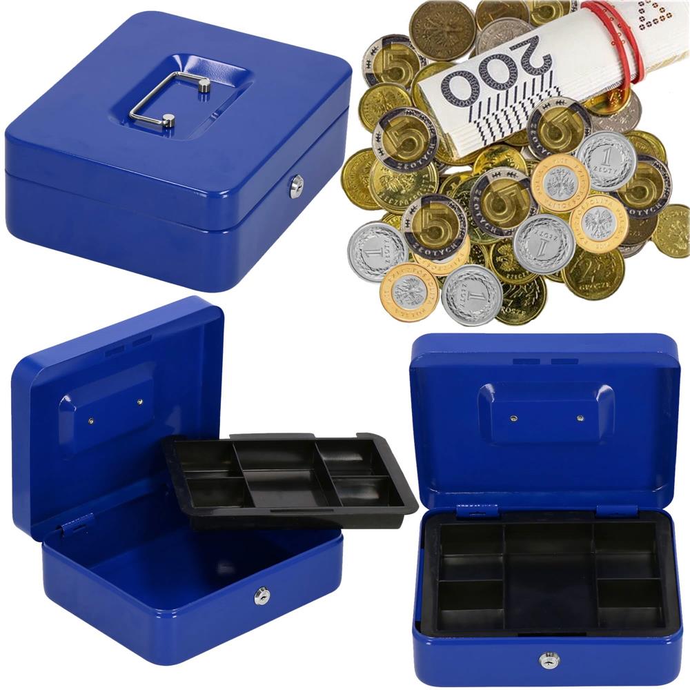 Caseta pentru bani tip cutie de valori, compartimentanta, cu cheie, metal, 25x20x9cm, albastru Household NewTrend