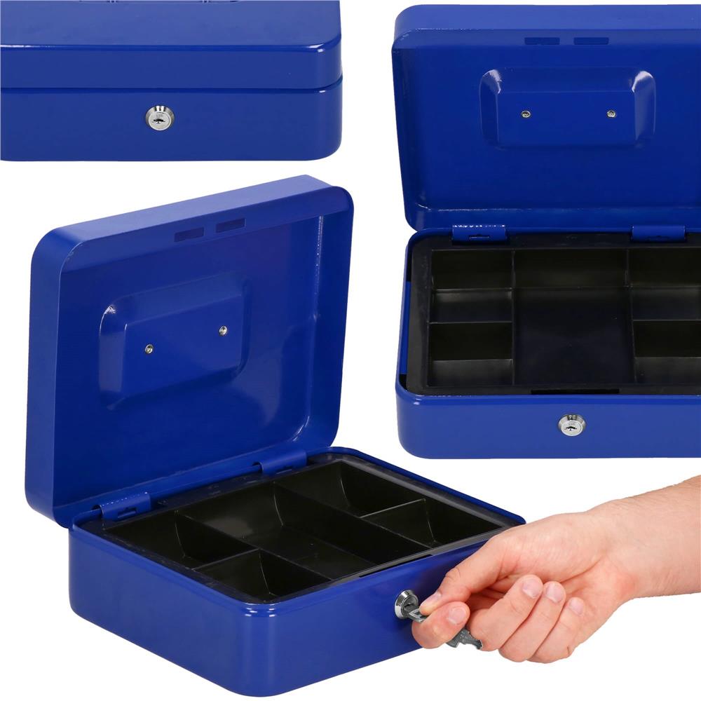 Caseta pentru bani tip cutie de valori, compartimentanta, cu cheie, metal, 25x20x9cm, albastru Household NewTrend