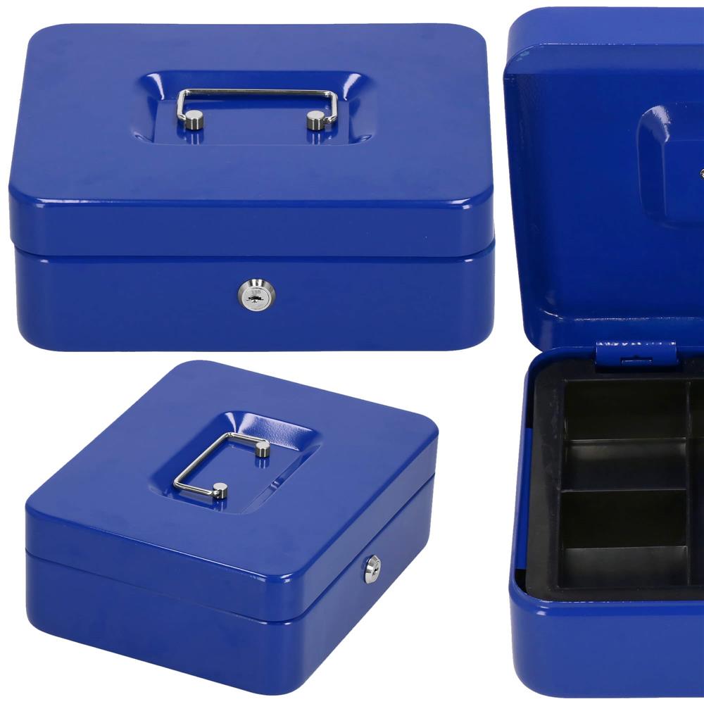 Caseta pentru bani tip cutie de valori, compartimentanta, cu cheie, metal, 25x20x9cm, albastru Household NewTrend