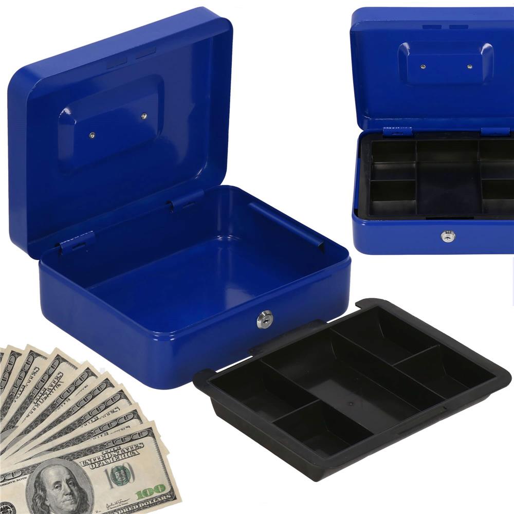 Caseta pentru bani tip cutie de valori, compartimentanta, cu cheie, metal, 25x20x9cm, albastru Household NewTrend