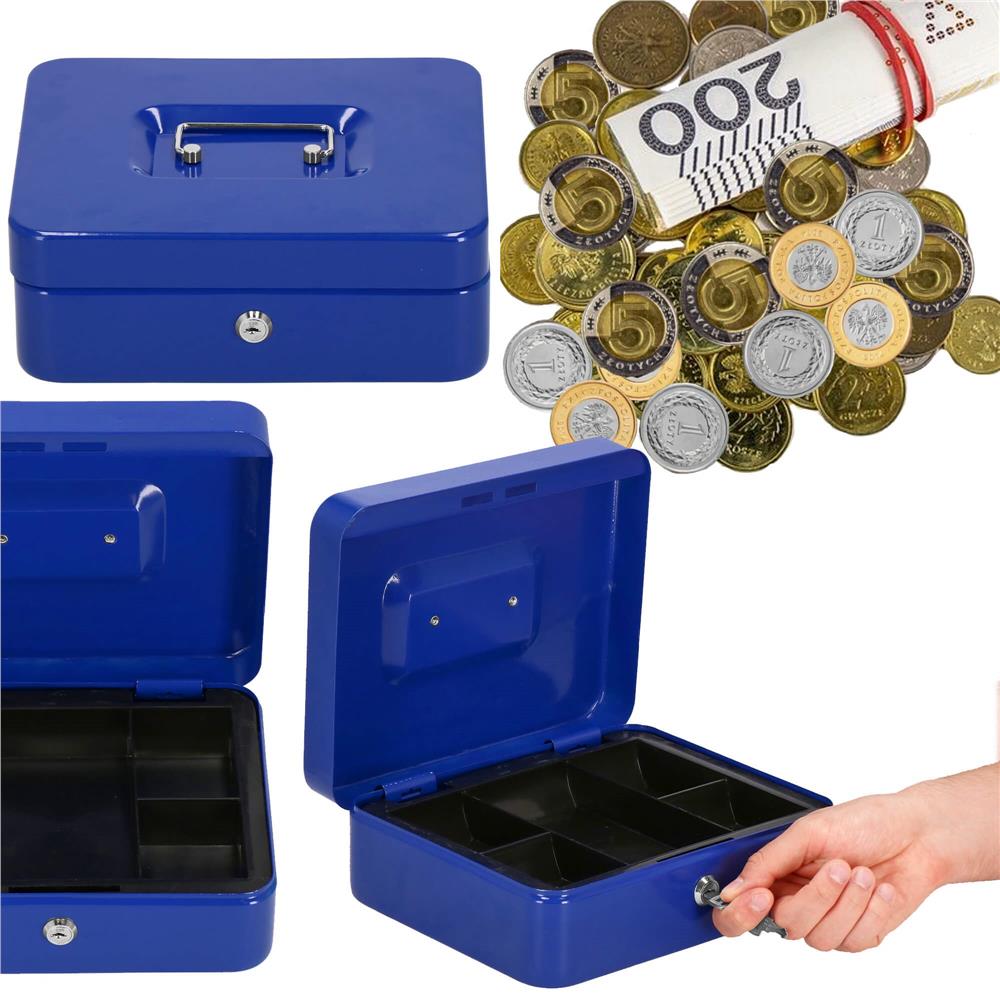 Caseta pentru bani tip cutie de valori, compartimentanta, cu cheie, metal, 25x20x9cm, albastru Household NewTrend