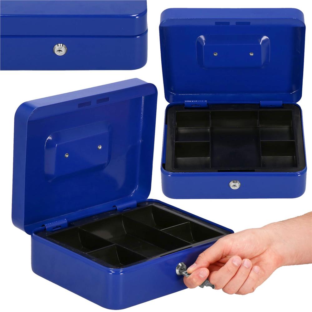 Caseta pentru bani tip cutie de valori, compartimentanta, cu cheie, metal, 25x20x9cm, albastru Household NewTrend
